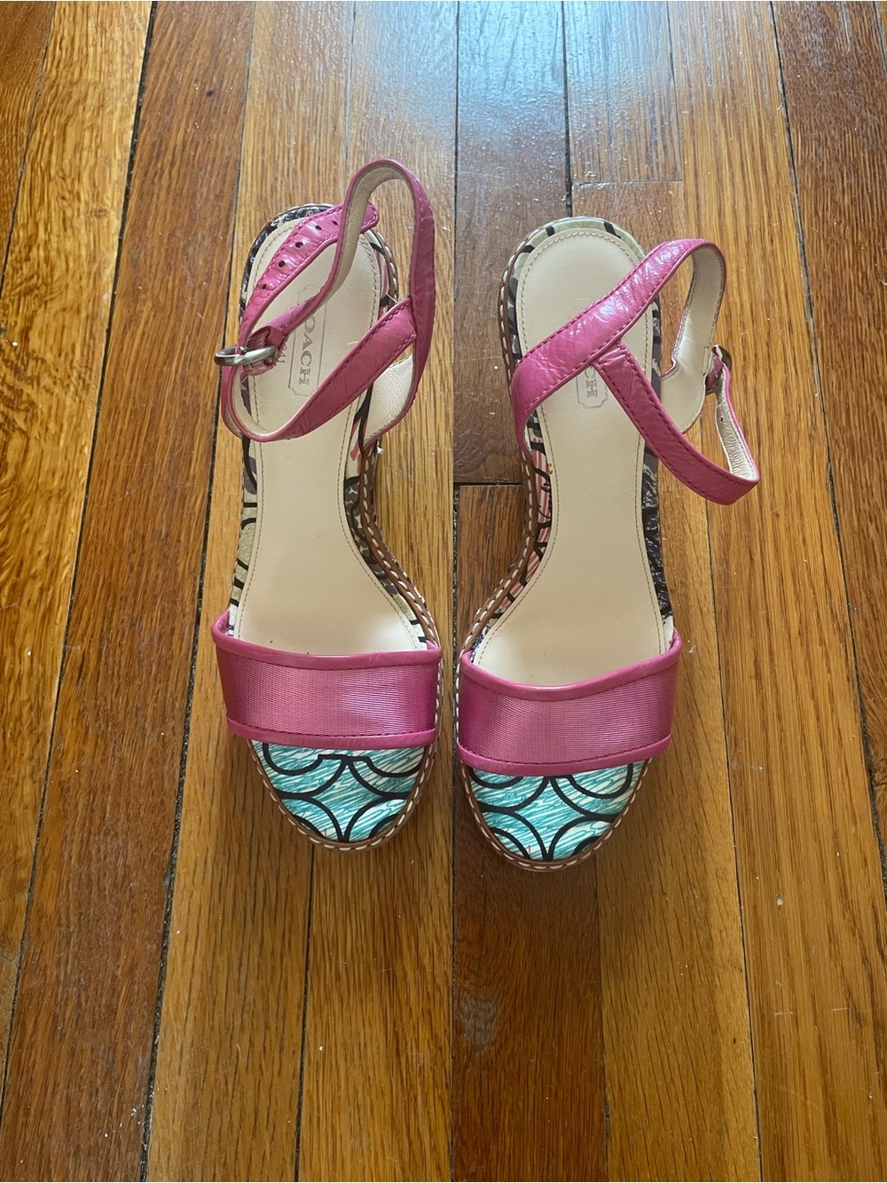 Coach Pink Ankle-Strap Platform Sandals with Patterned Footbed